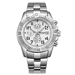 Fashion men's multifunctionFashion Men's Watch Multifunctionalal silver stainless steel quartz watch with chronograph and calendar features