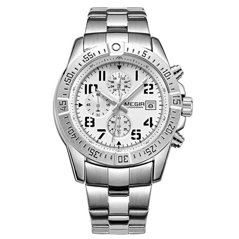 Fashion men's multifunctionFashion Men's Watch Multifunctionalal silver stainless steel quartz watch with chronograph and calendar features