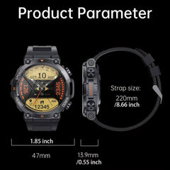 Black smart watch for men with 1.85 inch display and 220mm strap size shown from front and side views