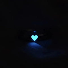 Luminous Heart Couple Ring glowing blue heart adjustable metal ring in the dark