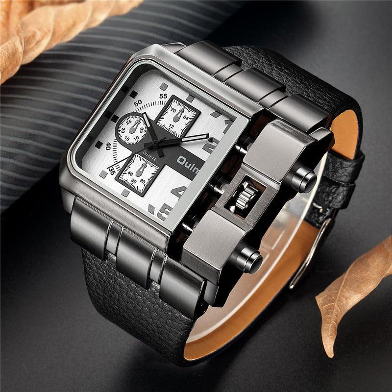 Men's luxury casual watch with square silver alloy case, white dial, black leather strap, and quartz movement