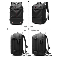 Black vacuum compression backpack shown from front, back, side, and expanded side views with ergonomic padded straps and water-resistant design, featuring built-in vacuum compression and USB charging port.