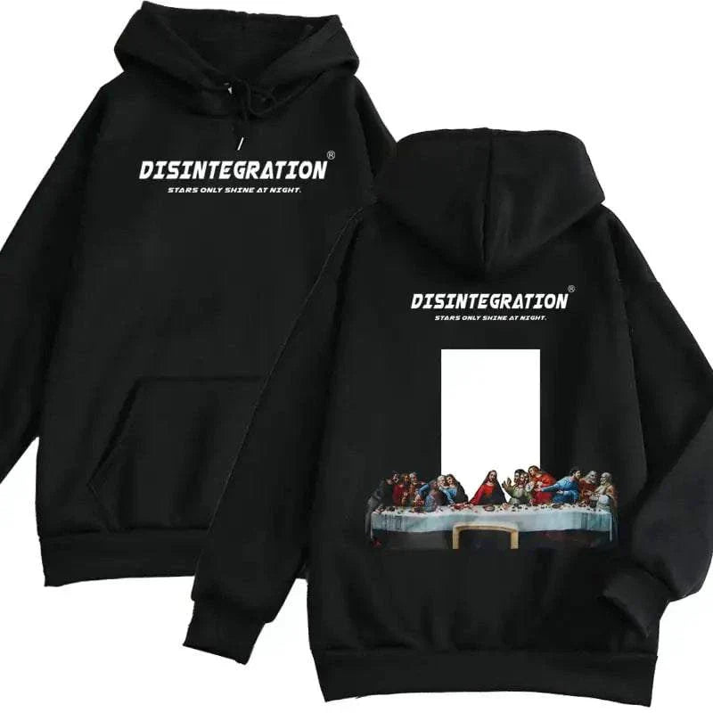 Black Floral Aesthetic Last Supper Women's Sweater with hood and artistic graphic print on back