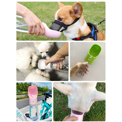 Portable pet dog water bottle with built-in bowl for easy hydration and feeding on the go, available in multiple colors.