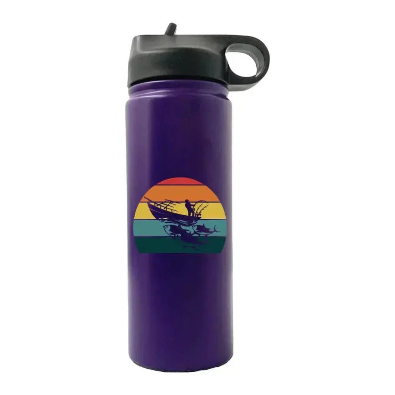 Purple Fishing Boat 20oz sport bottle with black snap-on lid and built-in handle, featuring a vintage sunset boat design