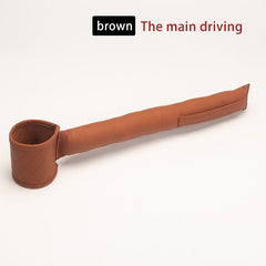 Brown leather car seat gap filler with cup holder for organizing and preventing lost items in the car seat gap