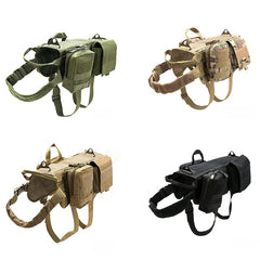 Four Tactical Military Dog Harnesses in green, camo, tan, and black with adjustable straps and side pouches for outdoor use and control