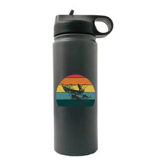 Fishing Boat 20oz Sport Bottle with built-in handle, snap lid, and colorful fishing boat design on matte black aluminum.