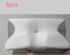 Set of 3 memory foam cervical pillows with ergonomic design for neck support and breathable fabric.