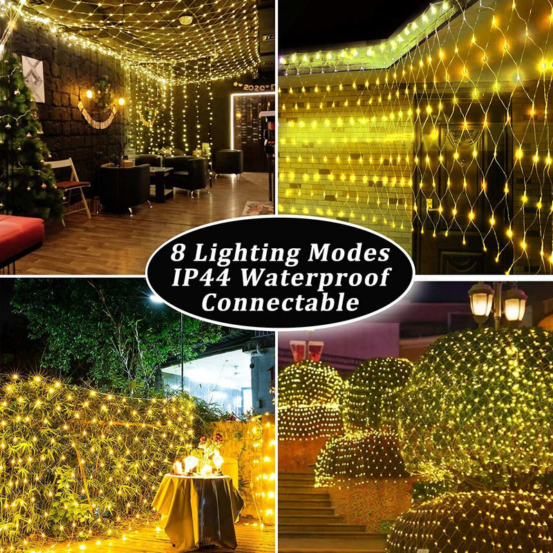 Net Mesh Solar Fairy Lights in warm white with 8 lighting modes, IP44 waterproof, used for outdoor decoration on walls, patios, and bushes.