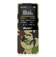 RuiZu X02 MP3 Voice Recorder and Portable Player in camouflage design with color display and circular control buttons.