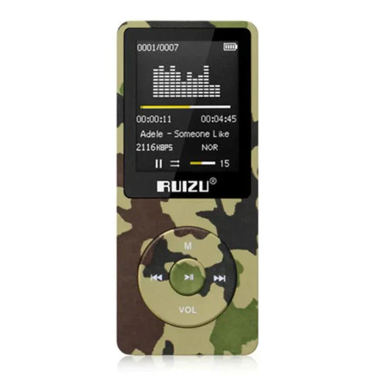 RuiZu X02 MP3 Voice Recorder and Portable Player in camouflage design with color display and circular control buttons.