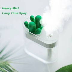 Compact ultrasonic air humidifier with cactus design releasing heavy mist for long-lasting moisture and quiet operation