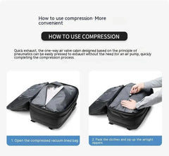 Vacuum Compression Backpack showing how to pack clothes in a vacuum-lined bag and seal with airtight zippers for space-saving compression.