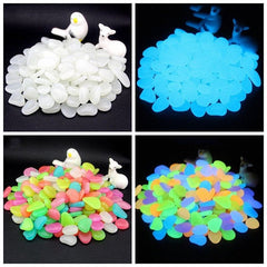 Glow in the Dark Garden Pebbles glowing in blue and multicolor with decorative bird and deer figures