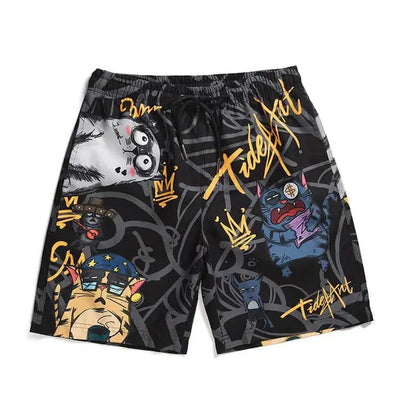 Black casual loose camouflage cat print beach shorts with colorful cartoon cat graphics and yellow graffiti text