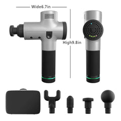 Tissue Muscle Massage gun with ergonomic design, measuring 6.7 by 9.8 inches, including four interchangeable massage heads and a carrying case for deep tissue relief and muscle recovery.
