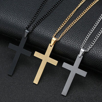 Minimalist cross necklaces in black, gold, and silver finishes on chains, made from durable alloy.