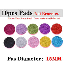 Set of 10 colorful 15mm replacement scent pads for stainless steel perfume bracelet, used for adding perfume or essential oils.