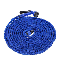 Blue flexible garden hose with adjustable spray nozzle and expandable design for easy storage and durability