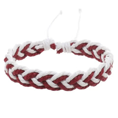 Handwoven cotton string bracelet in red and white braided design with adjustable closure