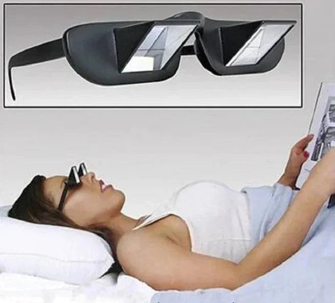 Lazy Periscope Horizontal Reading Glasses with reflective lenses for hands-free reading while lying flat.