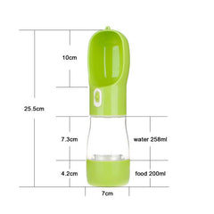 Green pet dog water bottle feeder with built-in bowl for water and food dispensing, 258ml water capacity and 200ml food capacity, leak-proof and BPA-free.