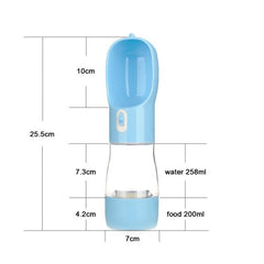 Blue pet dog water bottle feeder with built-in bowl for water and food, 258ml water capacity, 200ml food capacity, leak-proof and portable design.