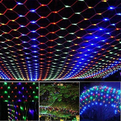 Colorful net mesh solar fairy lights draped over outdoor spaces, illuminating trees and garden areas with vibrant LED glow