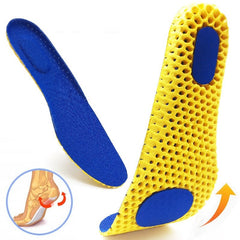 Blue and yellow honeycomb mesh memory foam insoles with arch and heel support for sports and daily use