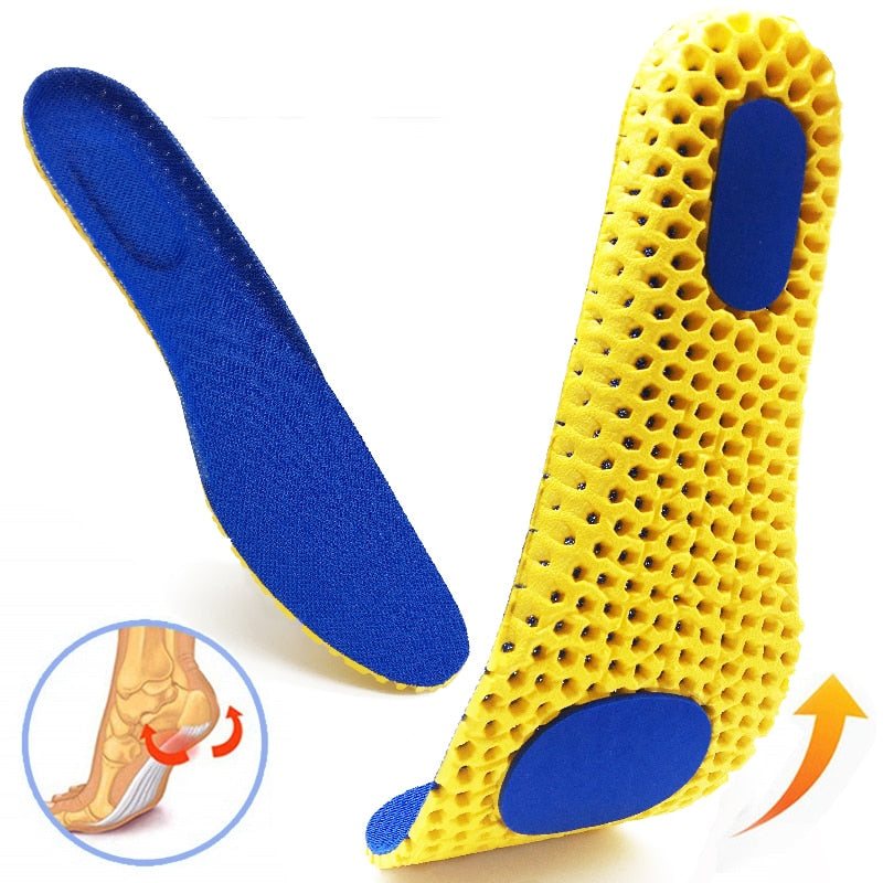 Blue and yellow honeycomb mesh memory foam insoles with arch and heel support for sports and daily use
