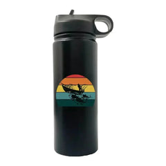 Black 20oz Fishing Boat sport bottle with built-in handle and retro sunset boat design