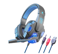 LED Light Wired Gamer Headset with blue LED accents, cushioned ear pads, retractable mic, and multi-connector cables for PC and consoles.