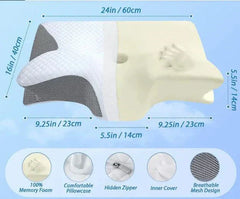 Memory foam cervical pillow with ergonomic neck support, breathable mesh cover, hidden zipper, and pressure-relieving contours for improved sleep quality.