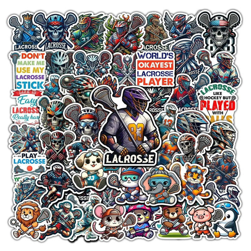 BIGZORO Pack 50 PCS Lacrosse Stickers with colorful, waterproof vinyl decals featuring lacrosse players, skulls, animals, and sports-themed designs for decorating water bottles, laptops, helmets, and more