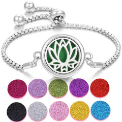 Stainless steel perfume bracelet with adjustable chain and lotus design, includes colorful glitter scent pads for fragrance diffusion.