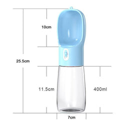 Blue pet dog water bottle with built-in bowl, 400ml capacity, leak-proof and portable for hydration on the go