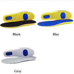 Memory foam insoles for shoes with honeycomb mesh design available in black, blue, and gray for comfort and support