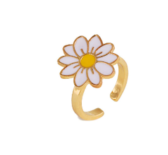 Gold metal fidget spinner rotatable ring with white and yellow flower design for women