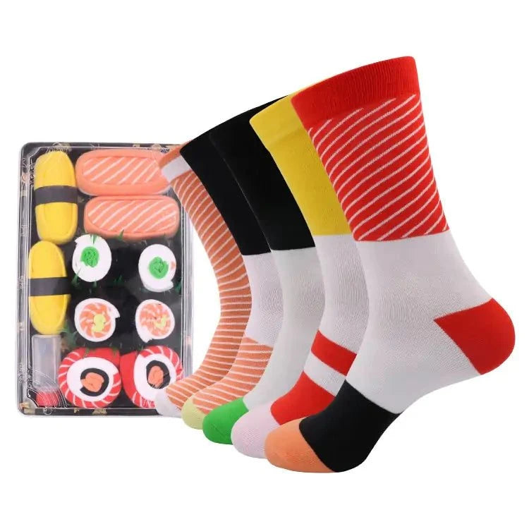 Unisex sushi socks with colorful sushi design and creative packaging resembling real sushi rolls
