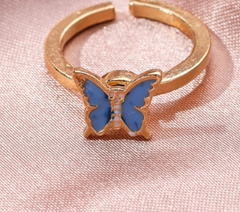Fidget Spinner Rotatable Ring for women with blue butterfly design and smooth spinning feature.