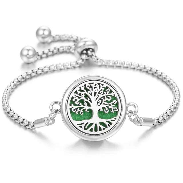 Stainless steel perfume bracelet with adjustable chain and tree of life design diffuser charm
