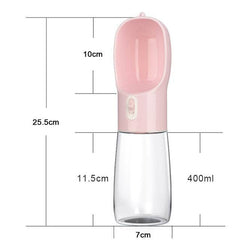 Pet dog water bottle feeder in pink with built-in bowl, 400ml capacity, measuring 25.5cm height and 7cm width, lightweight and leak-proof design.