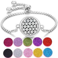 Stainless steel perfume bracelet with adjustable chain and interchangeable colorful scent pads for long-lasting fragrance.
