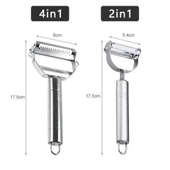 Stainless steel kitchen vegetable peelers 4-in-1 and 2-in-1 with ergonomic handles for effective peeling.