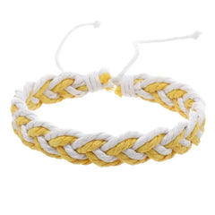 Handwoven cotton string bracelet in yellow and white braided design with adjustable closure