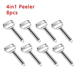 Set of eight stainless steel kitchen vegetable peelers with ergonomic handles for easy peeling and food prep