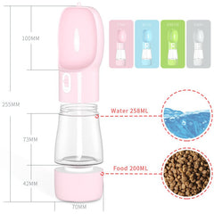 Compact pet dog water bottle with built-in bowl for water and food, available in pink, blue, green, and gray.