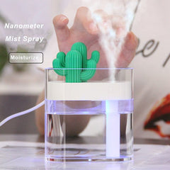 Compact ultrasonic air humidifier releasing fine mist with cactus design for moisturizing and air comfort