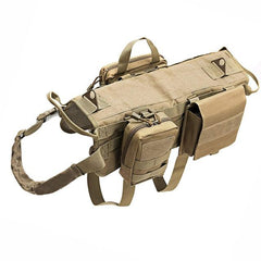 Tactical Military Dog Harness in tan color with adjustable straps, padded interior, reinforced handle, heavy-duty metal leash attachment, and multiple storage pouches for outdoor and training use